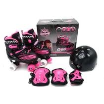 Patins Quad com Kit de Proteção Preto/Pink Tam Ajustável 30 ao 33 P Uni Toys Capacete Joelheira Cotovelos Freios Traseiros