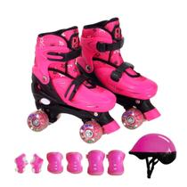 Patins Quad Infantil Rosa Ajustável 38-41 c/ Kit Proteção