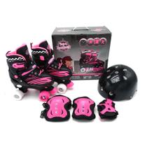 Patins Quad Preto/Pink 34 ao 37 Tam Ajustável Uni Toys Kit de Proteção Freio Traseiro 4 Rodas