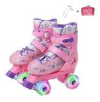 Patins Quad Rosa Regulável 28-32 e 33-36 Com Rodas Em LED + Capacete + cotoveleira + joelheira. Kit proteção