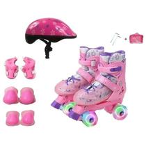 Patins Quad Rosa Regulável 28-32 e 33-36 Com Rodas Em LED + Capacete + cotoveleira + joelheira. Kit proteção