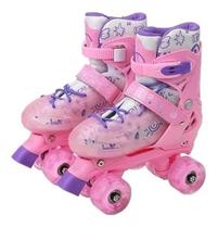 Patins Quad Rosa Regulável Tam 33-36 Rodas Led +Kit Proteção