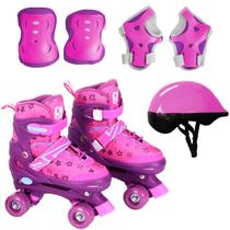 Patins Roller Ajustável Rosa Com Cadarço Acessórios - Dm Toys