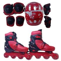 Patins Roller De 4 Rodas Vermelho + Kit de Proteção Tm:32/35