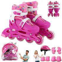 Patins Roller Infantil Triline 4 Rodas Menina + Kit Proteção