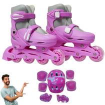 Patins Roller Infantil Triline Inline Pink Menina + Kit Proteção Completo 28 ao 31 - BBRTOYS