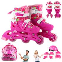 Patins Roller Infantil Triline Inline Pink Menina + Kit Proteção Completo 28 ao 31 - BBRTOYS