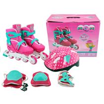 Patins Roller Inline Infantil 34-37 + Kit de Proteção Rosa