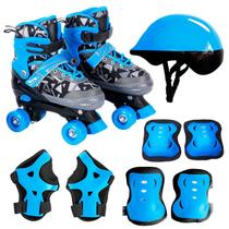 Patins Roller Quad Azul Menino Galáctico Ajustável 34 ao 37 Com Kit Proteção