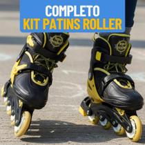 Patins Roller Rodinhas Criança Ajustável 3437 Kit Proteção Preto Amarelo Seguro