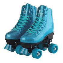 Patins Roller Skate 4 Rodas Azul Glitter Brilho Ajustáve 31/34 Fenix