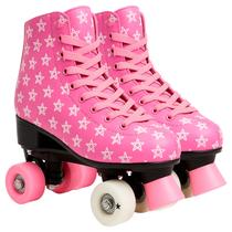 Patins Roller Skate Infantil Rosa Estampa Estrela Quad Clássico Regulável Com Freio Dianteiro