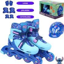 Patins Stitch Infantil 4 Rodas Roller 32 Ao 35 Kit Proteção 2x1