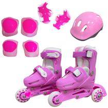 Patins triline 3 rodas infantil 2x1 kit proteção rosa 31-34