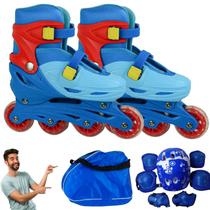 Patins Triline Inline Roller Com Kit Proteção Completo Infantil Ajustável Tam 28 ao 31 Quad Azul