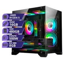 Pc Computador Gamer Processador AMD Ryzen 5 5500 Memória 16gb SSD 480gb Placa de Vídeo Rx580 8gb Fonte 500W Windows 11