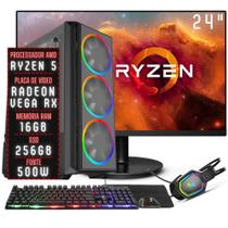 PC Gamer Completo 3green Force AMD Ryzen 5 16GB DDR4 Placa de vídeo Radeon RX SSD 256GB Monitor 24" 75Hz Fonte 500W 3GFO-047