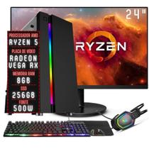 PC Gamer Completo 3green Force AMD Ryzen 5 8GB DDR4 Placa de vídeo Radeon RX SSD 256GB Monitor 24" 75Hz Fonte 500W 3GFO-041