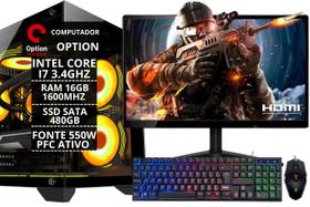 PC Gamer Completo Econômico I7 3.4GHz, 16Gb RAM, SSD 480Gb, Fonte 550w, Gabinete Aquário, Monitor 21,5" e kit Gamer - Option Soluções