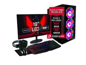 PC Gamer Completo Fácil AMD Ryzen 3 PRO 4350G 3.8GHZ 8GB DDR4 RX 550 4GB SSD 480GB 500w Monitor 19'' Kit Gamer