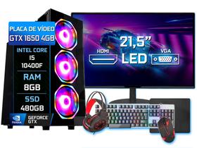 Pc Gamer Completo Fácil Intel i5 10400F 8GB GTX 1650 4GB SSD 480GB Monitor 21" - Kit Gamer Teclado Mouse Headset