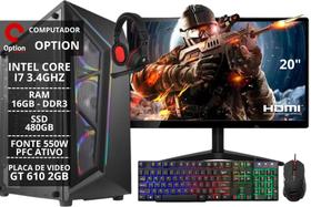 PC Gamer Completo Intel Core I7 16 GB 480 GB GT 610 2 GB Monitor 20" e Kit Gamer - Option Soluções