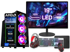 PC Gamer Completo Intel i5 (3ª Geração) 16GB AMD RX 550 4GB SSD 480GB Monitor 19" - Kit Gamer Teclado Mouse - Fonte 500w
