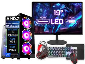 PC Gamer Completo Intel i5 (3ª Geração) 16GB AMD RX550 4GB SSD 240GB Monitor 19" - Kit Gamer Teclado Mouse - Fonte 500w