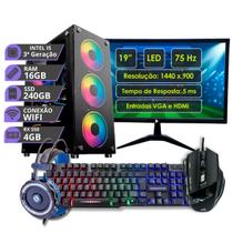 PC Gamer Completo Processador Intel I5 3ª geração Memória 16gb SSD 240gb Placa de Vídeo Rx550 4gb Fonte 500W Windows 10 Monitor 19 LED