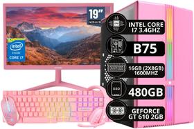Pc Gamer Completo Rosa I7 16GB SSD 480GB GT610 + Monitor Rosa + Kit Gamer Rosa - Option Soluções