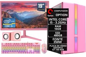 PC Gamer Completo Rosa Intel Core I5 16 GB 480 GB GT 730 4GB + monitor Rosa + kit Gamer Rosa - Option Soluções