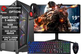 PC Gamer Completo Ryzen 5 4600G 16 GB 480 GB Vega 7 Monitor 19" Kit Gamer - Option Soluções