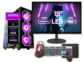 PC Gamer Fácil Intel core i5 4ª 16GB GTX 1050TI 4GB SSD 240GB Monitor 19" - Kit Gamer Teclado Mouse Headset - Fonte 500w