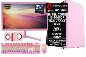 PC Gamer Rosa Completo Intel Core I5 10400F 16 GB 480 GB RTX 3060 8GB + Monitor Rosa + kit Gamer Rosa - Option Soluções