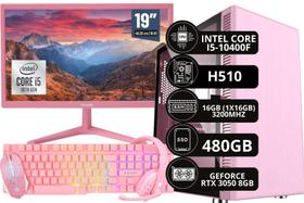 PC Gamer Rosa Completo Intel Core I5 10400F 16 GB 480GB RTX 3050 8 GB + Monitor Rosa + Kit Gamer Rosa