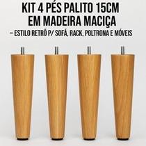 Pé Palito 15cm Kit com 4 Unid Madeira Maciça Rosca 5 por 16 Para Sofá, Cama, Rack, Móveis Retrô