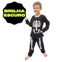 Peças de Roupas Pijama Preto Esqueleto Infantil/Juvenil Masculino Camisas Manga Q/ Brilha no Escuro