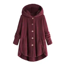 Pedidos feitos por mim mis pedidos Women Plus Size Button Push Tops, com capuz, cardigã solto, casaco de lã, jaqueta de inverno, suéteres femininos, Clearance Wine