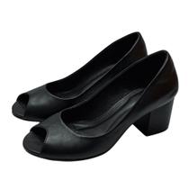 Peep Toe Médio Clássico Couro Preto