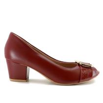 Peep Toe Salto Bloco Vermelho Couro Enfeite