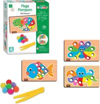 Pega Pompom Jogo Infantil Madeira 6 Peças Brinquedo Educativo Coleção Crescer Para Crianças + 3Anos