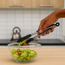 Pegador De Salada Silicone Aço Inox Massas Carne Pinça Culinária Multiuso Com Trava Cozinha