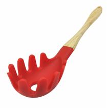 Pegador de Silicone Massa Macarrão Salada Utensílio de Cozinha Cabo de Madeira Vermelho