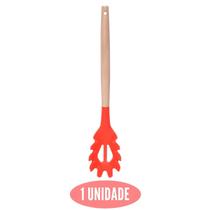 Pegador Silicone Vermelho Cabo Bambu Macarrão Almoço Pegador Silicone Vermelho Cabo Bambu Macarrão Almoço