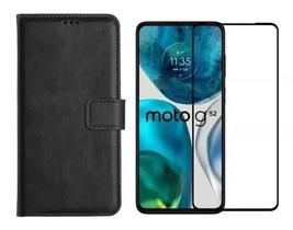Pelicula de Vidro 3D + Capa Carteira Flip Preta para Motorola Moto G52 / G82
