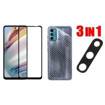 Pelicula de Vidro 3D + Pelicula de Camera Traseira + Skin Verso Fibra Carbono para Motorola Moto G60