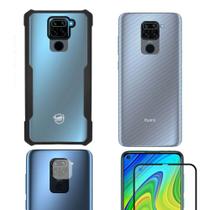 Película Defender Glass + Camera + Fibra de Carbono + Capa Dual Shock X compatível com Redmi Note 9 - Gshield