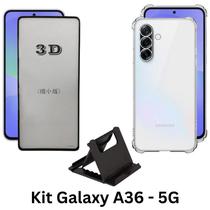 Película Frontal 3D de Vidro + Capinha Anti Impactos Transparente + Suporte de Mesa para Samsung Galaxy A36 5g Película Frontal 3D de Vidro + Capinha Anti Impactos Transparente + Suporte de Mesa para Samsung Galaxy A36 5g
