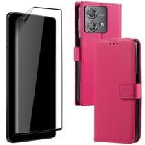 Película Para Motorola Edge 40 Neo + Capa Carteira Rosa Pink