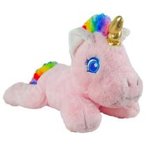 Pelúcia Unicórnio Gold Deitado Com Crina Arco-Íris E Chifre Dourado Matelassê 50 Cm